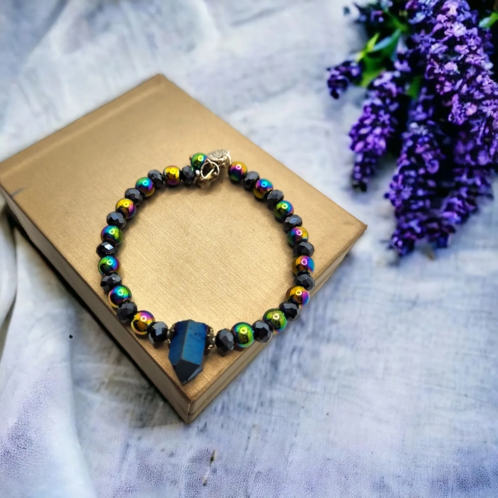 Colorful Hematite, Czech Glass Aura Glass bracelet 6 mm